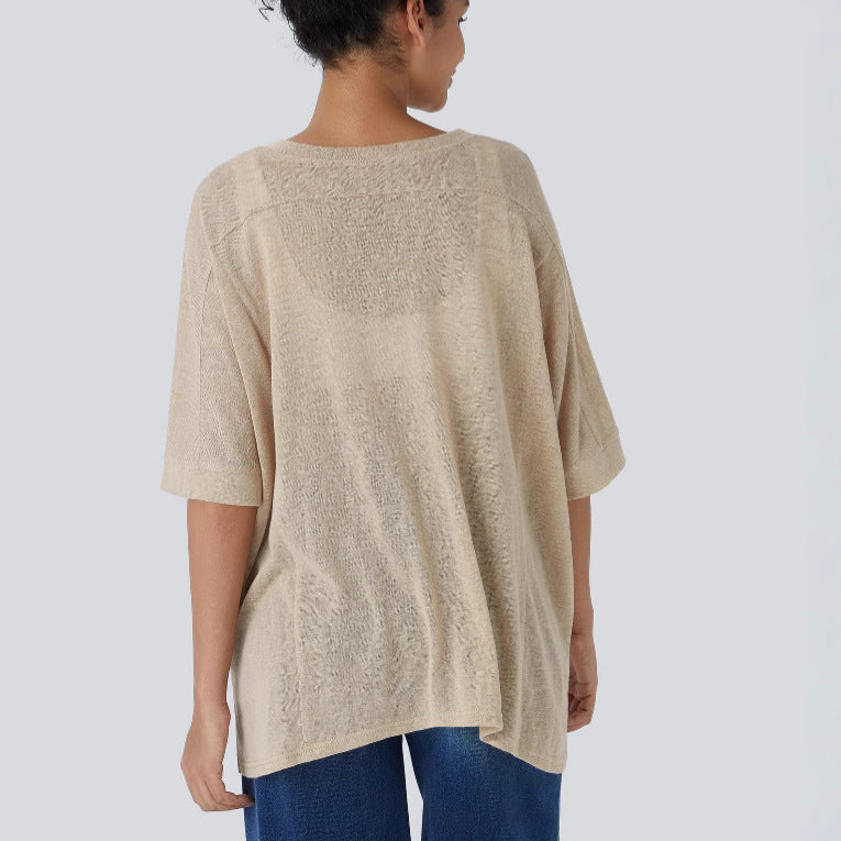 Damen lässiges Oversized T-Shirt mit seitlichen Schlitzen und umgeschlagenen Ärmeln R&B