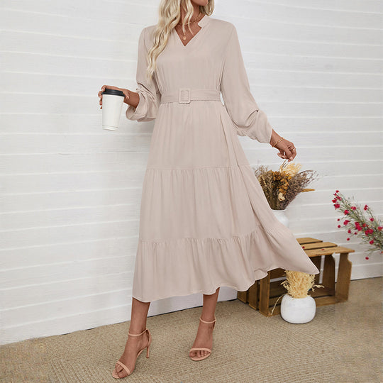 Damen Midikleid mit elegantem V-Ausschnitt und Taillengürtel R&B