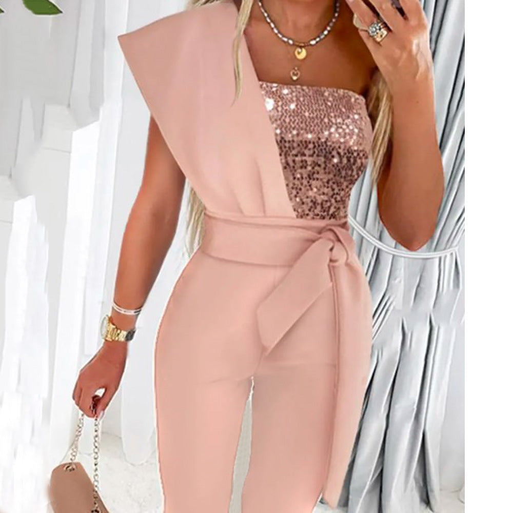 Damen One-Shoulder Jumpsuit mit glitzerndem Oberteil und Taillengürtel R&B
