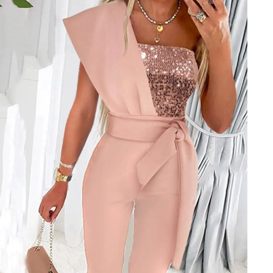 Damen One-Shoulder Jumpsuit mit glitzerndem Oberteil und Taillengürtel R&B