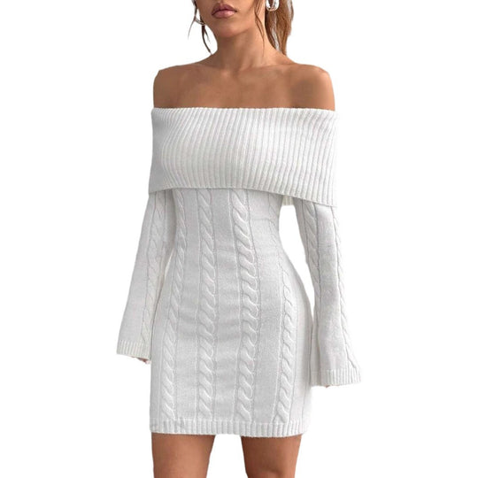 Damen figurbetontes Strickkleid mit weitem Ausschnitt R&B