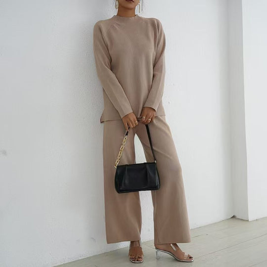 Damen elegantes und lässiges Strick-Loungewear-Set mit hohem Kragen und weiten Beinen R&B