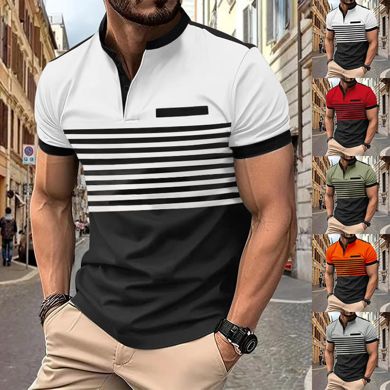Herren nan kurzärmeliges Streifen-Kurzarmshirt mit Knopfleiste, Stehkragen und Brustpaspel R&B