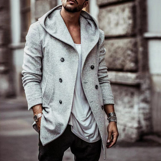 Herren stylischer Hoodie-Mantel mit doppelter Knopfreihe und weitem Kragen R&B