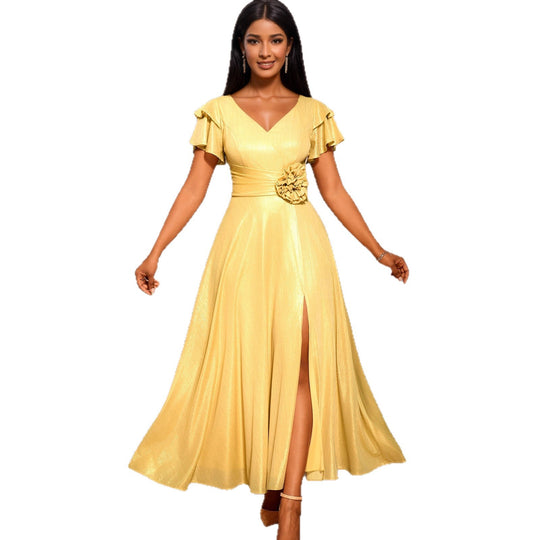 Damen glamouröses Abendkleid mit elegantem V-Ausschnitt und voluminösen Rüschensäumen R&B