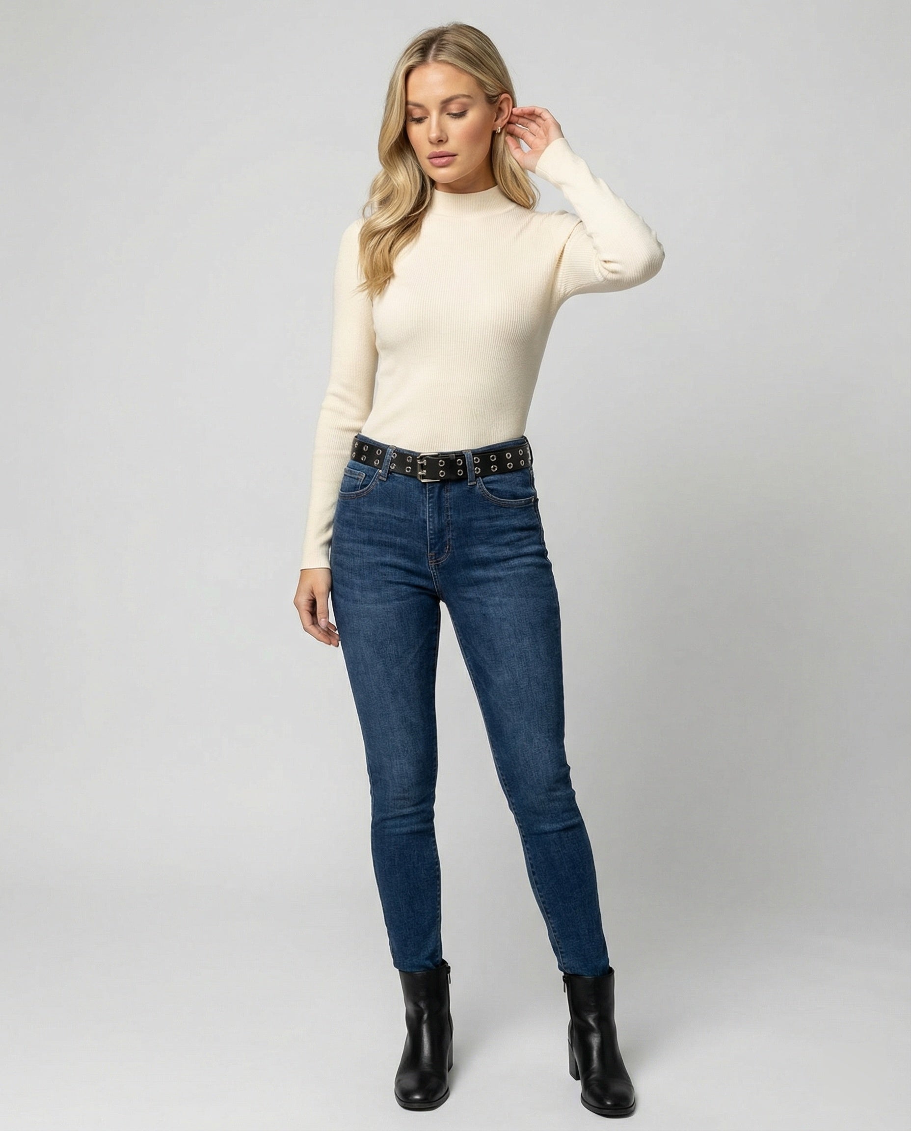 Damen Strickpullover Slim-Fit Stehkragen Langarm Shirt Fleece-Futter