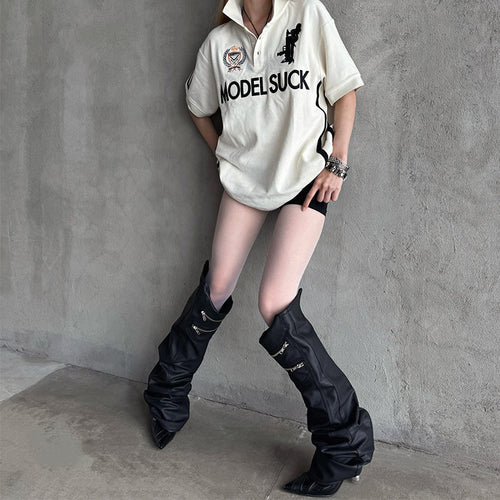 Damen Modisches Kurzarm-Polohemd mit auffälligem Schriftzug R&B