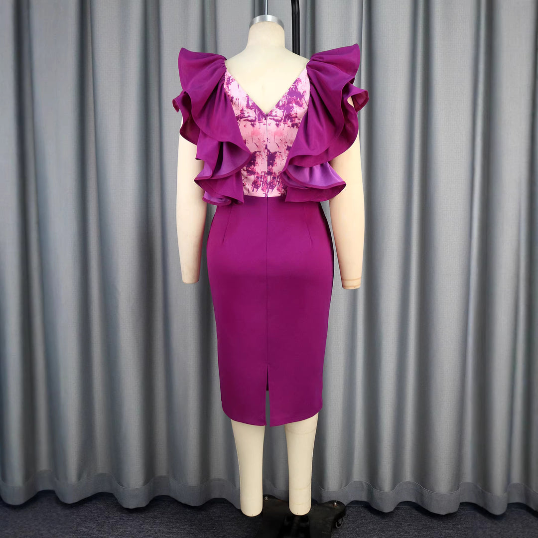 Damen figurbetontes Kleid mit voluminösen Rüschen und floralem Detail R&B