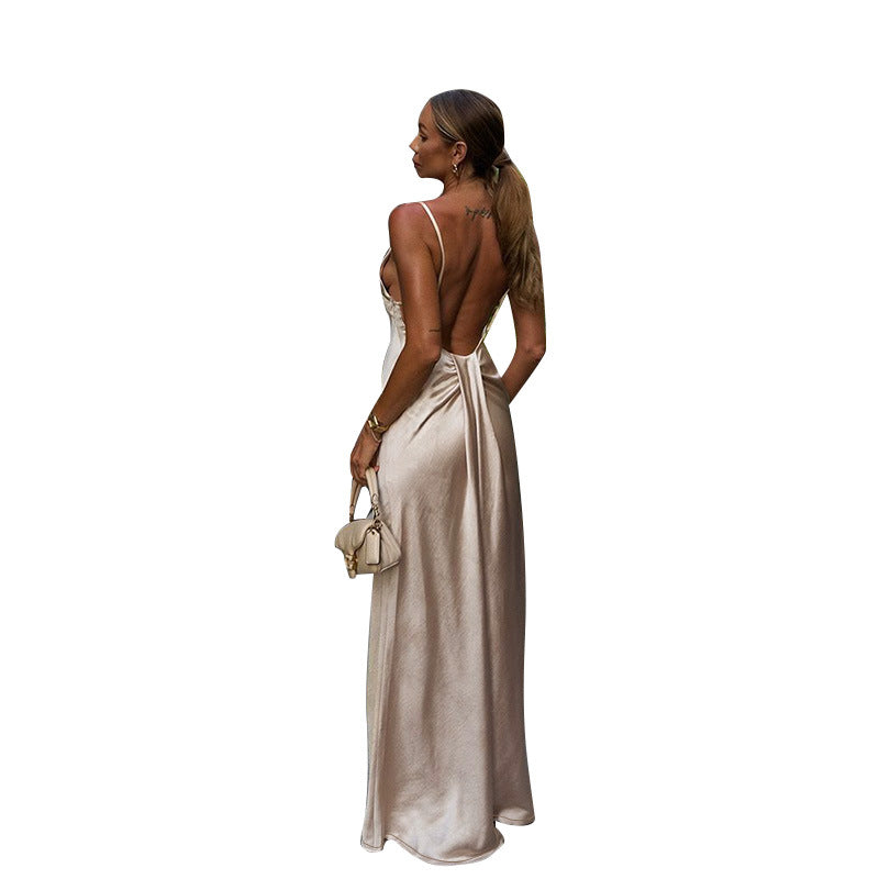 Damen Elegantes Satin-Maxikleid mit hauchdünnen Spaghettiträgern R&B