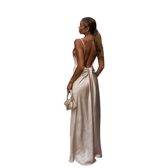 Damen Elegantes Satin-Maxikleid mit hauchdünnen Spaghettiträgern R&B