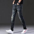 Herren Slim Fit Jeans mit kreativen Rissdesign und Farbklecksen R&B