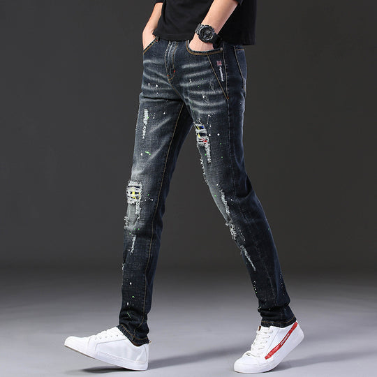 Herren Slim Fit Jeans mit kreativen Rissdesign und Farbklecksen R&B