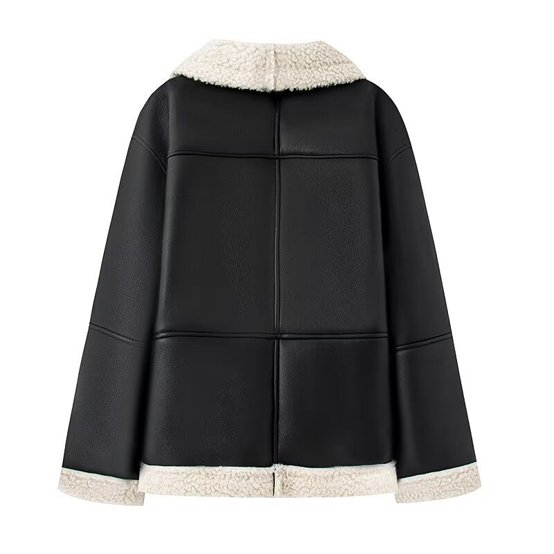 Damen Kunstlederjacke mit warmem Sherpa-Futter und praktischen Taschen R&B
