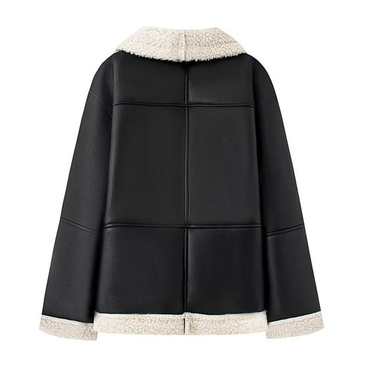 Damen Kunstlederjacke mit warmem Sherpa-Futter und praktischen Taschen R&B