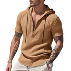 Herren Kurzarm-Henley-Shirt mit praktischer Kapuze und modischen Akzenten R&B