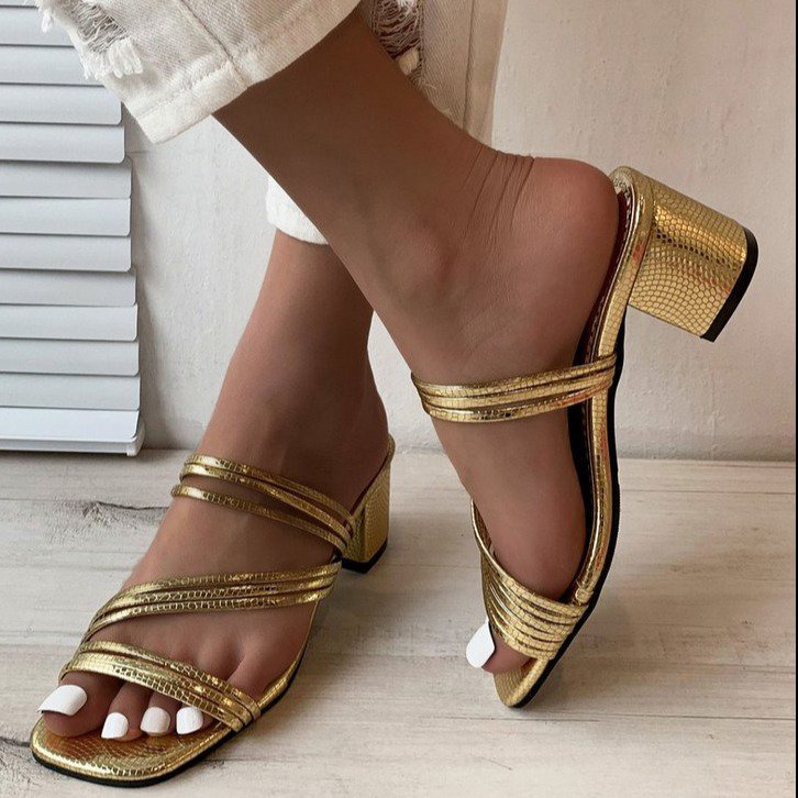 Damen nan elegante Mehrfachriemen-Mule mit mittelhohem Blockabsatz und Schlangenprägung R&B