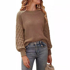 Damen modischer Strickpullover mit strukturierten Ärmeln und Rundhalsausschnitt R&B
