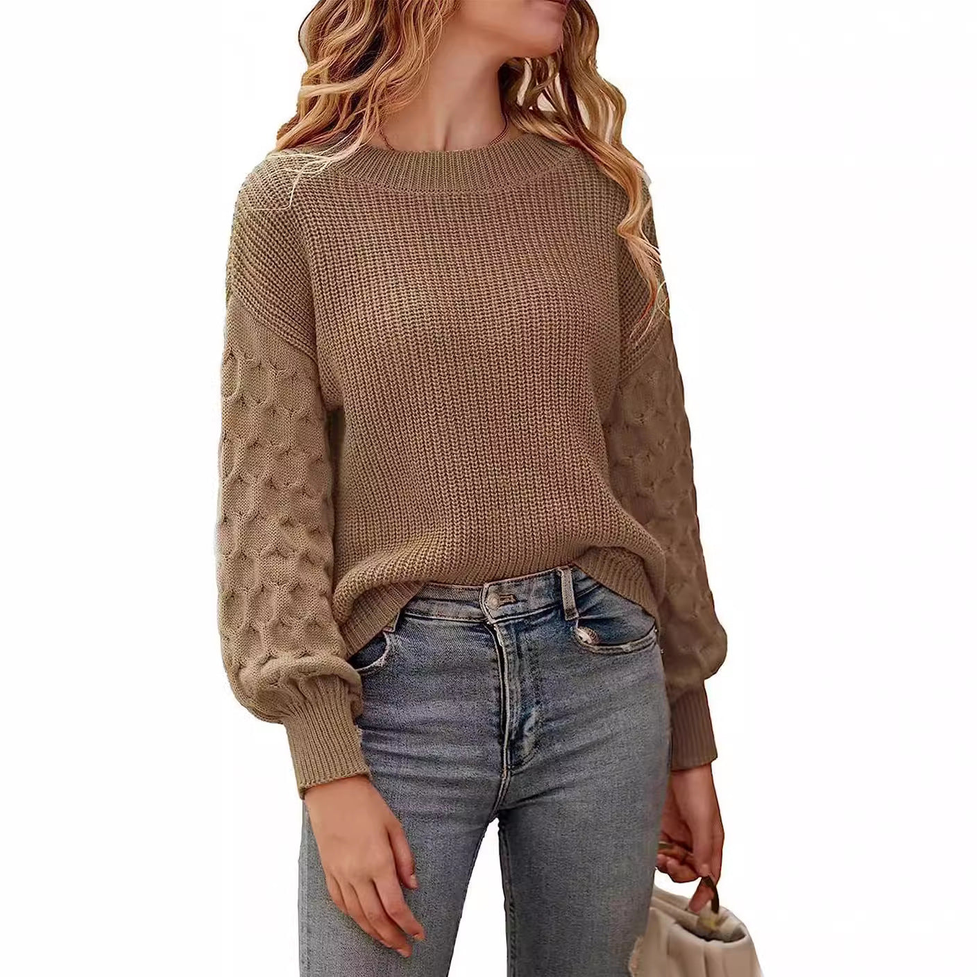 Damen modischer Strickpullover mit strukturierten Ärmeln und Rundhalsausschnitt R&B