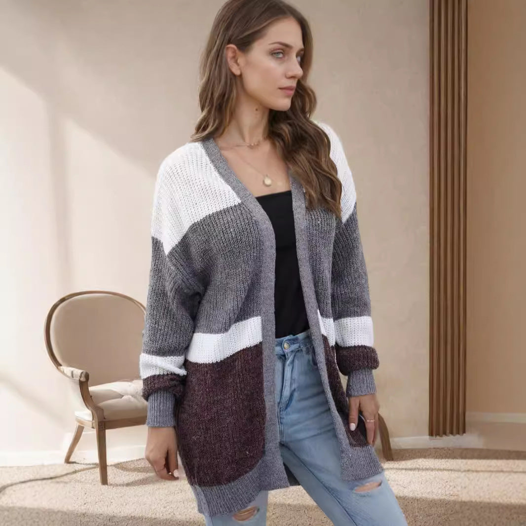 Damen lockere Strickjacke mit modischem Streifenmuster R&B