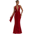 Damen Elegantes Maxikleid mit tiefem V-Ausschnitt und strukturierter Raffung R&B