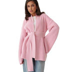 Damen Strickjacke mit Bindegürtel und weit geschnittenen Ärmeln R&B