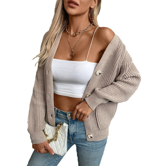 Damen Strickjacke mit tiefem V-Ausschnitt und praktischen Taschen R&B