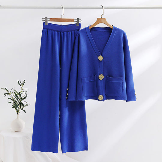 Damen elegantes Strick-Loungewear-Set mit weiten Bein und schönen Knöpfen R&B