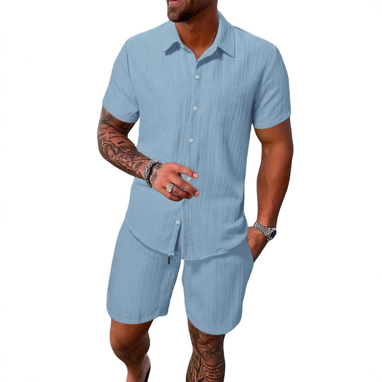 Herren nan luftiges Kurzarm-Hemd mit offenem Revers und passender Freizeishorts aus strukturierter Baumwollmischung R&B