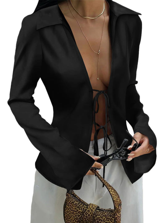 Damen elegante Bluse mit Schnürung und weitem Ärmel R&B