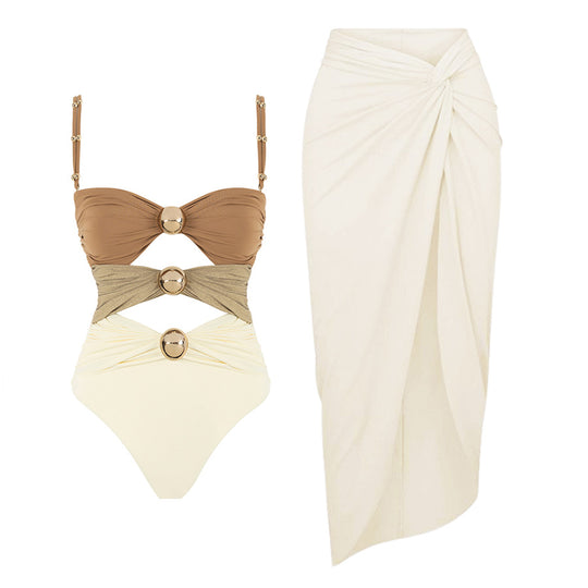 Damen Badeanzug mit raffinierten Drapierungen und eleganten Goldakzenten R&B
