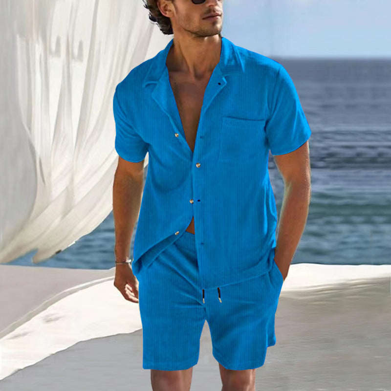 Herren nan leichtes Leinen-Resort-Set mit kurzärmeligem Kubankragenhemd und Kordel-Bermuda R&B