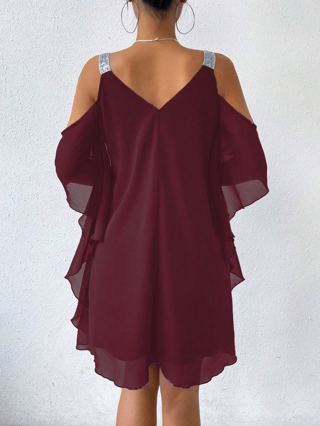 Damen schulterfreies Flatterkleid mit glitzernden Trägern R&B