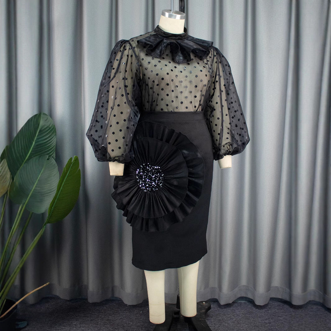 Damen Elegantes Kleid mit transparenten Puffärmeln und Rüschenakzent R&B