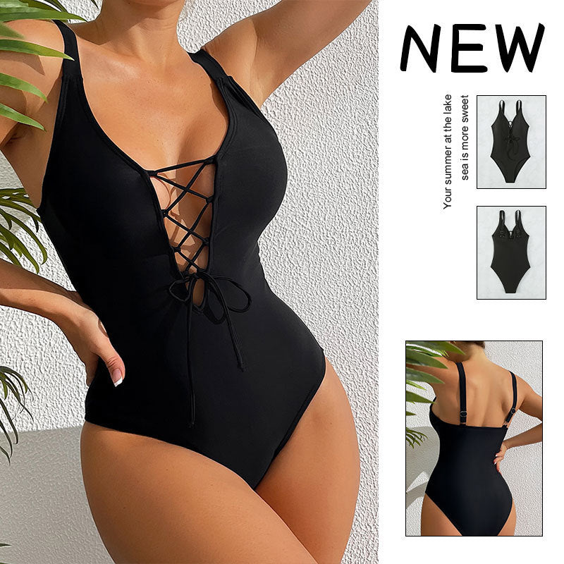 Damen Einteiler Badeanzug mit modischem Schnür-Design R&B