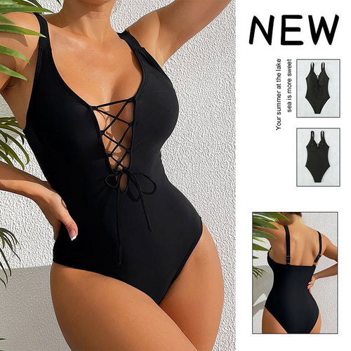 Damen Einteiler Badeanzug mit modischem Schnür-Design R&B