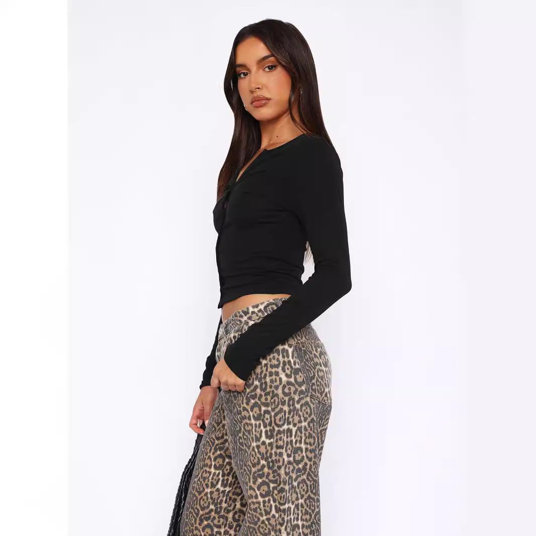 Damen figurbetontes Langarmshirt mit Knopfleiste R&B