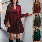 Damen elegantes Samtkleid mit tiefem V-Ausschnitt und Puffärmeln R&B