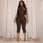 Damen Figurbetonter Jumpsuit mit Halterneck und raffinierter Textur R&B