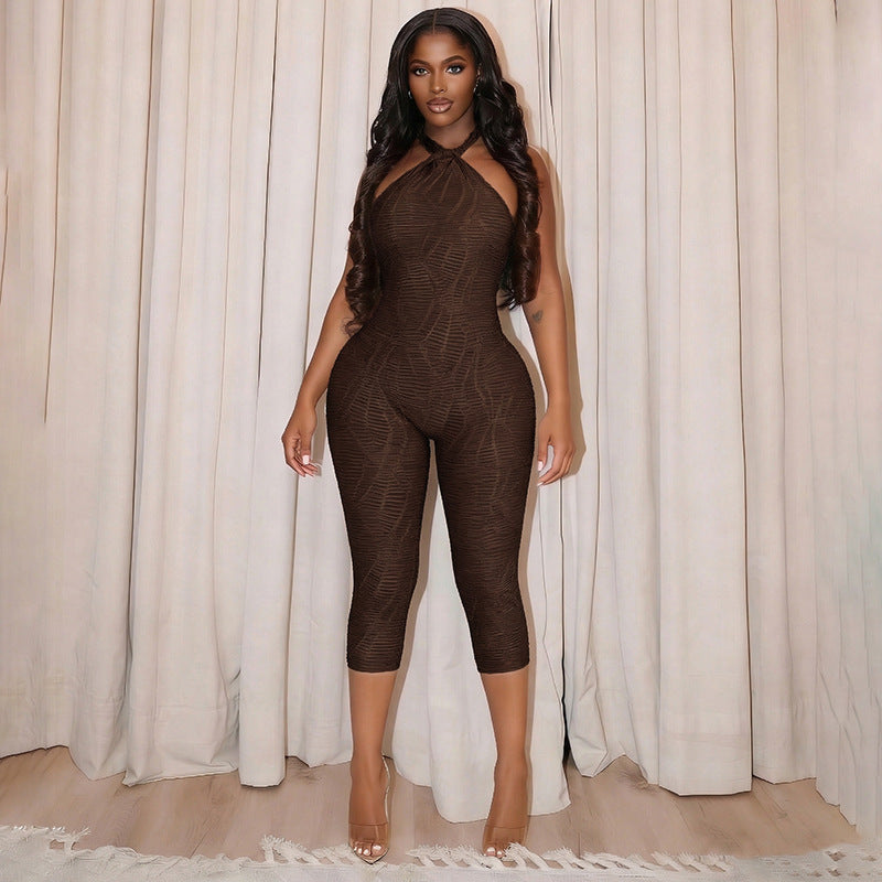 Damen Figurbetonter Jumpsuit mit Halterneck und raffinierter Textur R&B