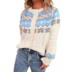 Damen gemütliche Strickjacke mit blauen Mustern und Knopfverschluss R&B