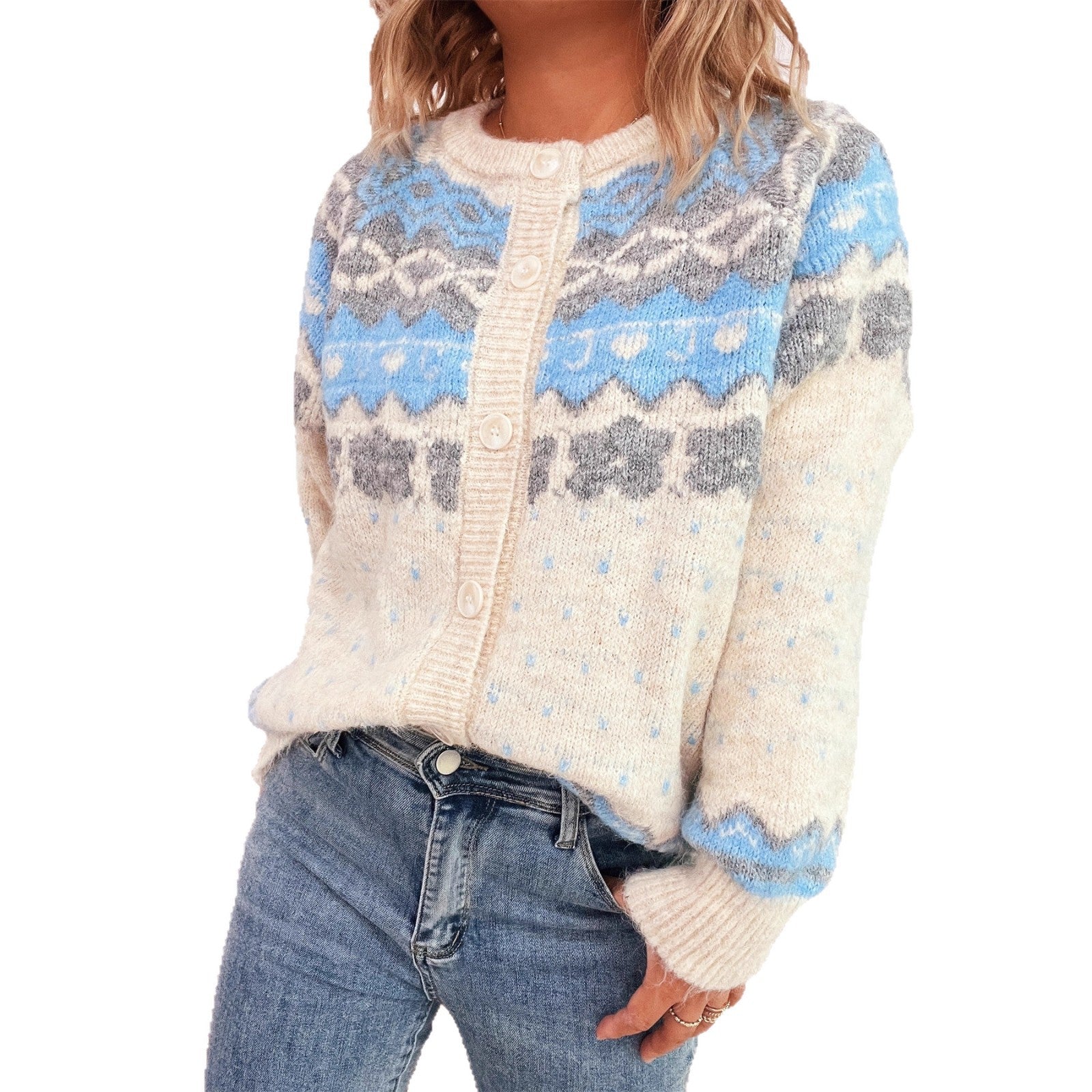 Damen gemütliche Strickjacke mit blauen Mustern und Knopfverschluss R&B