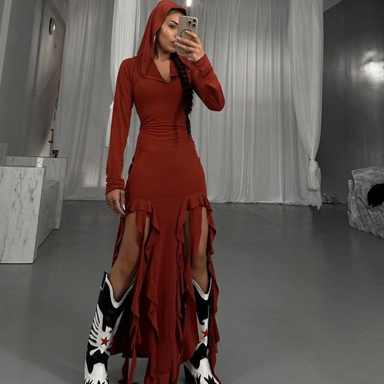 Damen Langarm Maxikleid mit Kapuze und Rüschendetails R&B