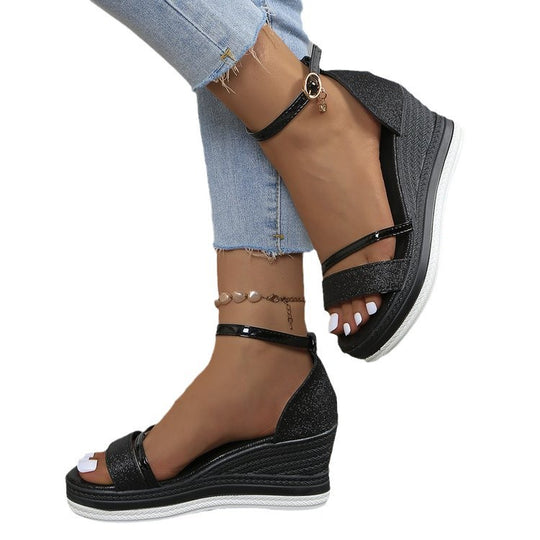 Damen Wedge-Sandalen mit glitzerndem Riemen und verstellbarem Fesselriemen R&B