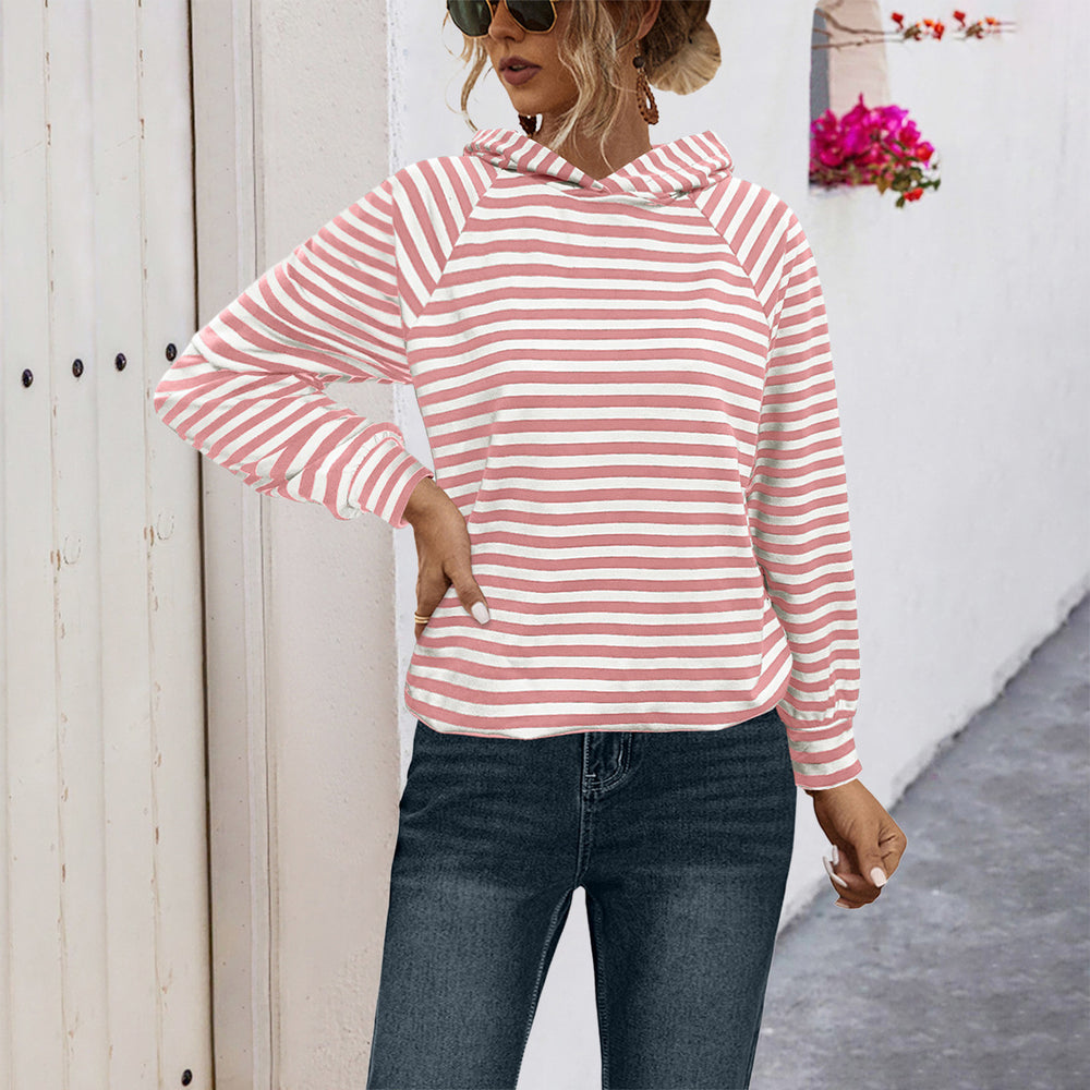 Damen gestreifter Kapuzensweater mit lässigem Schnitt und Raglanärmeln R&B