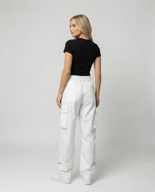 Damen nan weite Cargo-Hose mit elastischem Bund, großen Klappentaschen und verstellbarem Saum R&B