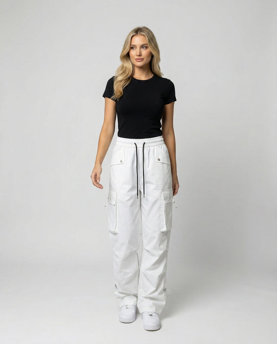 Damen nan weite Cargo-Hose mit elastischem Bund, großen Klappentaschen und verstellbarem Saum R&B