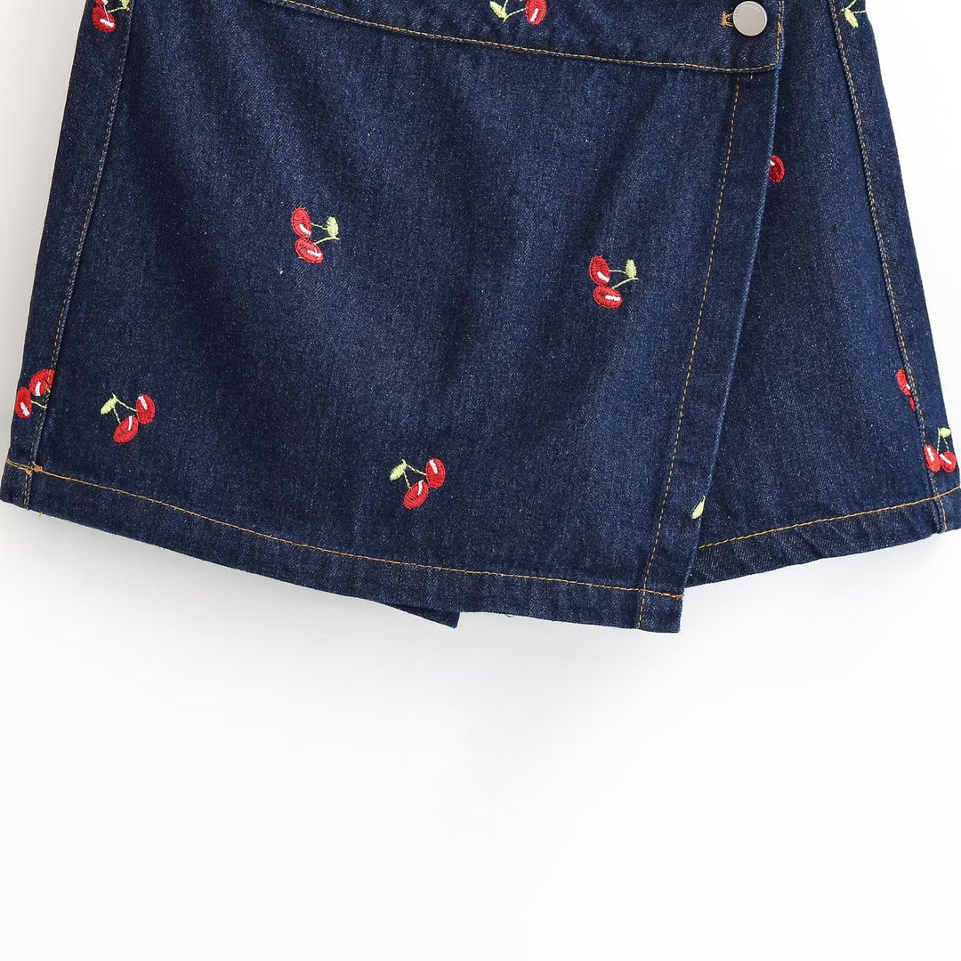 Damen Jeansrock mit verspielter Kirschstickerei und dekorativem Schnitt R&B