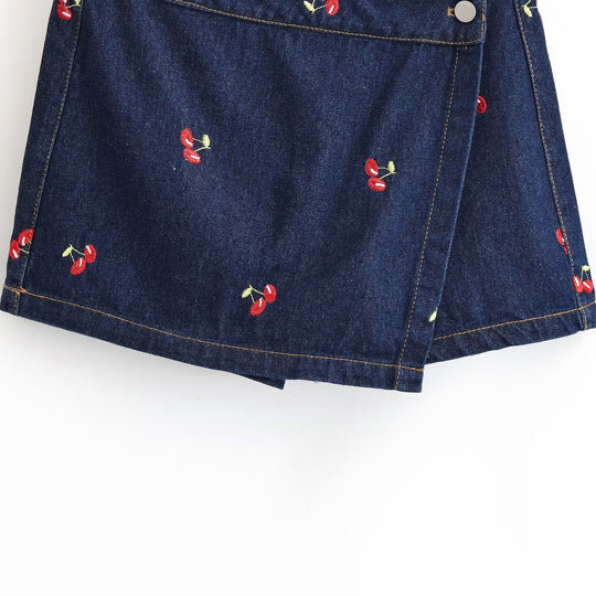 Damen Jeansrock mit verspielter Kirschstickerei und dekorativem Schnitt R&B