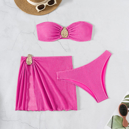 Damen Bandeau-Bikini-Set mit eleganten Falten und dekorativem Verschluss R&B