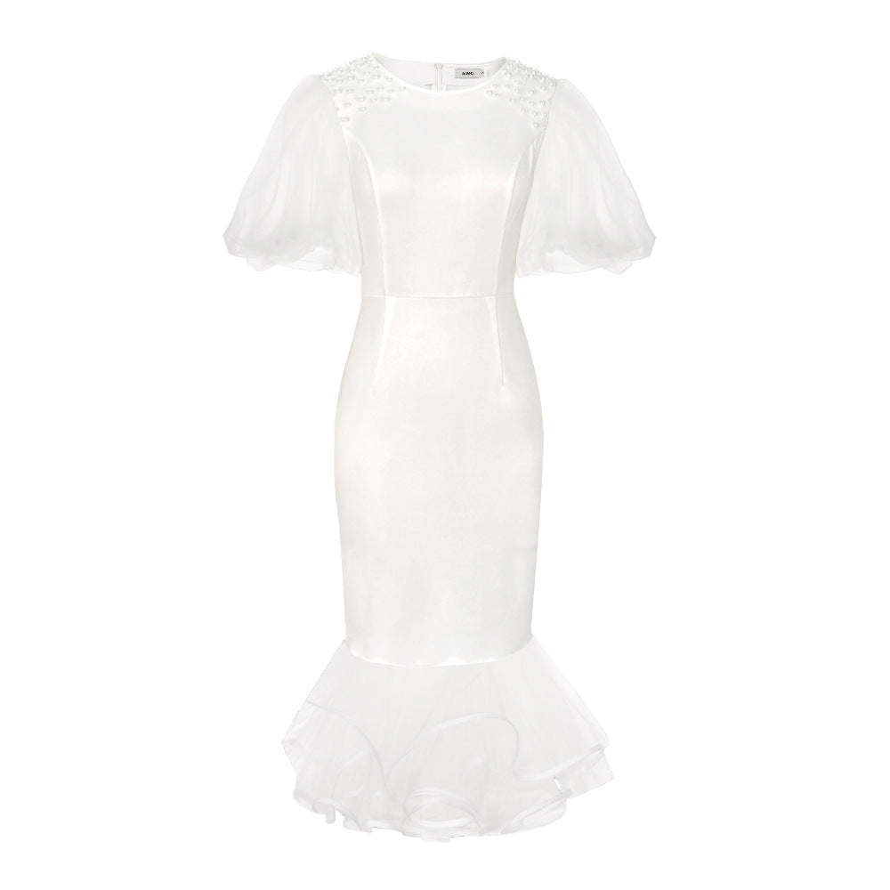 Damen Elegantes Maxikleid mit voluminösen Tüllärmeln und Rüschensaum R&B